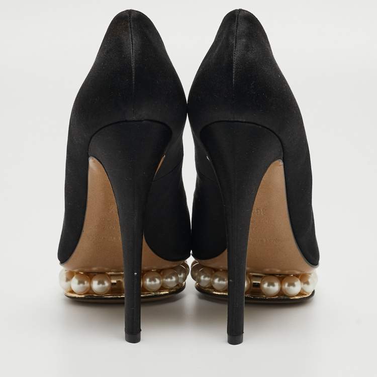 Pre Owned Nicholas Kirkwood Black Satin Lola Pearl Embellished Pumps Size 36.5