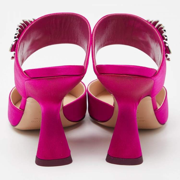 Pre Owned Nicholas Kirkwood Pink Satin Monstera Crystal Embellished Pointed Toe Mules Size 38.5