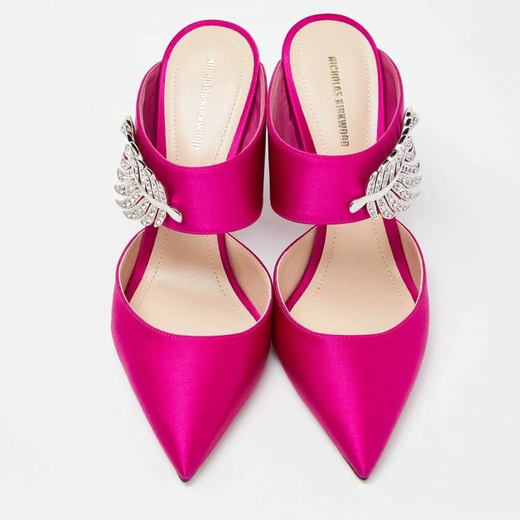 Pre Owned Nicholas Kirkwood Pink Satin Monstera Crystal Embellished Pointed Toe Mules Size 38.5