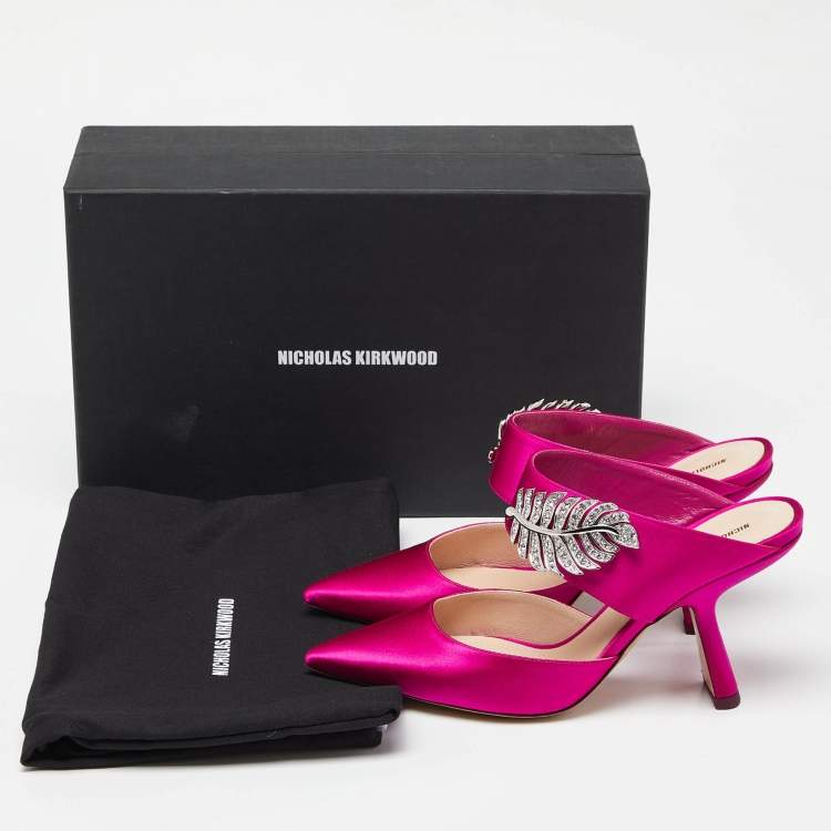 Pre Owned Nicholas Kirkwood Pink Satin Monstera Crystal Embellished Pointed Toe Mules Size 38.5