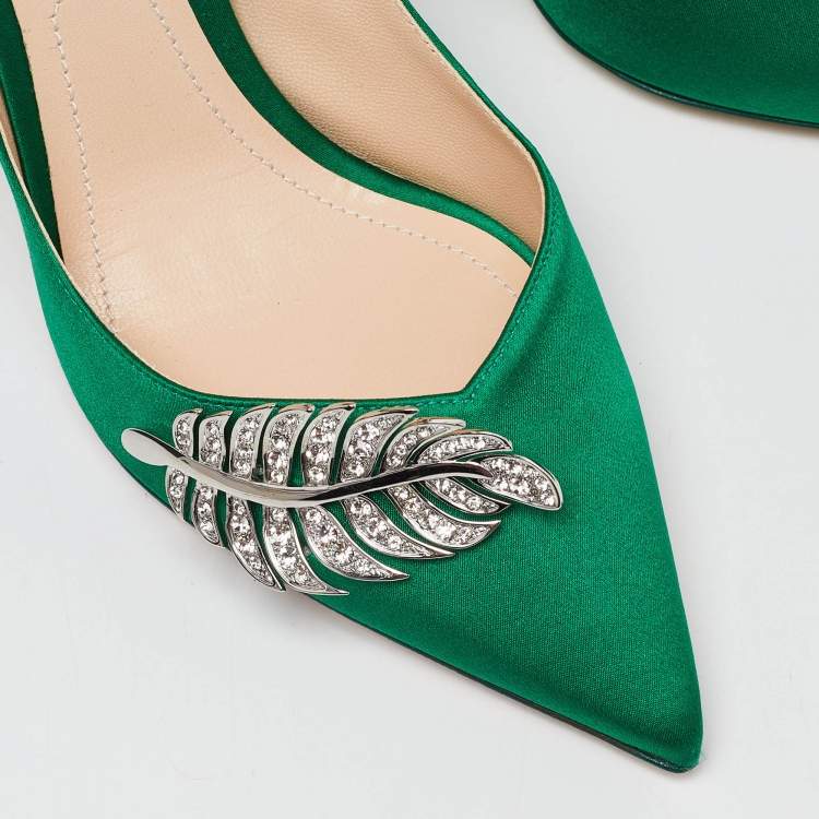 Pre Owned Nicholas Kirkwood Green Satin Crystal Embellished Pointed Toe Pumps Size 38