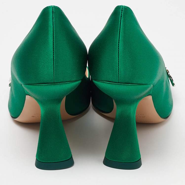 Pre Owned Nicholas Kirkwood Green Satin Crystal Embellished Pointed Toe Pumps Size 38