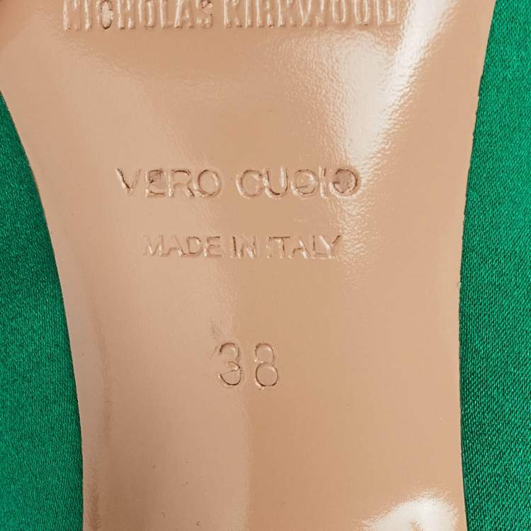 Pre Owned Nicholas Kirkwood Green Satin Crystal Embellished Pointed Toe Pumps Size 38