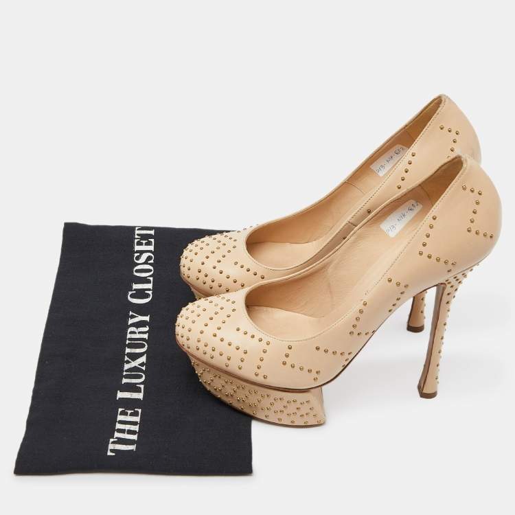 Pre Owned Nicholas Kirkwood Beige Studded Leather Platform Pumps Size 37.5
