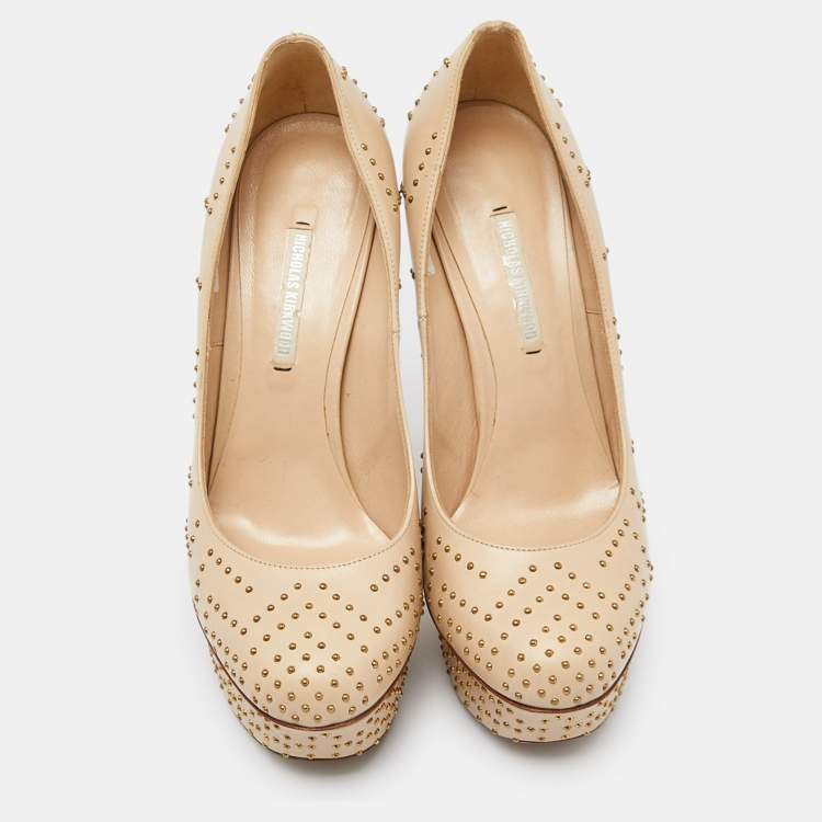 Pre Owned Nicholas Kirkwood Beige Studded Leather Platform Pumps Size 37.5