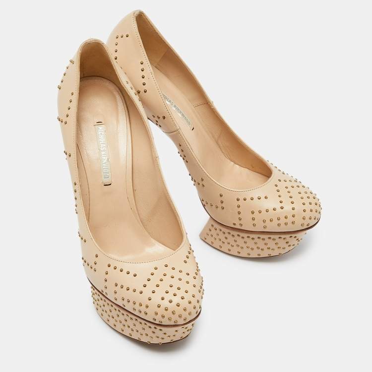 Pre Owned Nicholas Kirkwood Beige Studded Leather Platform Pumps Size 37.5