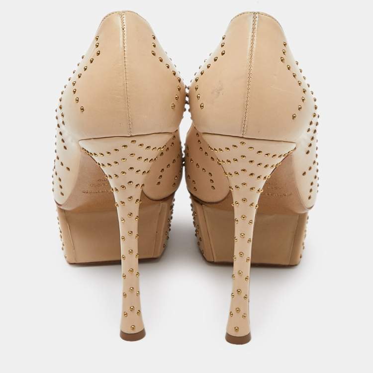 Pre Owned Nicholas Kirkwood Beige Studded Leather Platform Pumps Size 37.5