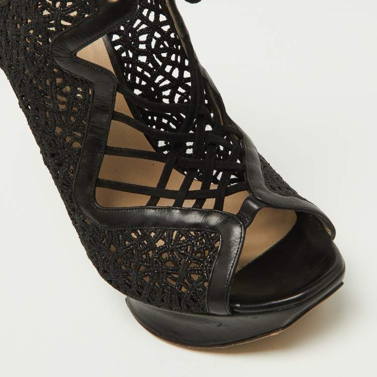 Pre Owned Nicholas Kirkwood Black Lace and Leather Cut Out Platform Lace Up Pumps Size 38.5