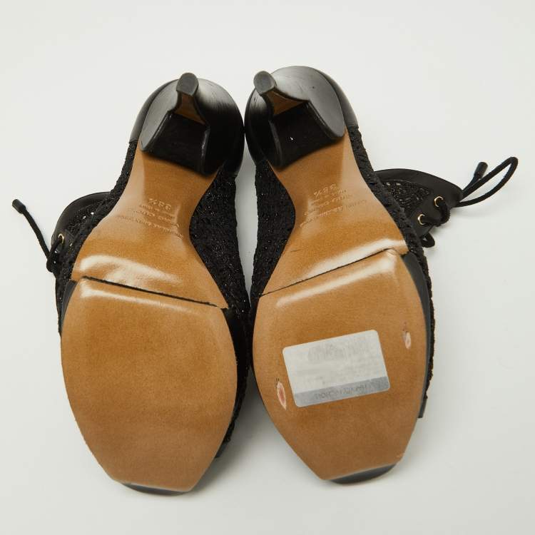 Pre Owned Nicholas Kirkwood Black Lace and Leather Cut Out Platform Lace Up Pumps Size 38.5