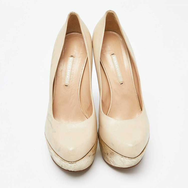 Pre Owned Nicholas Kirkwood Cream Leather Wedge Platform Pumps Size 39