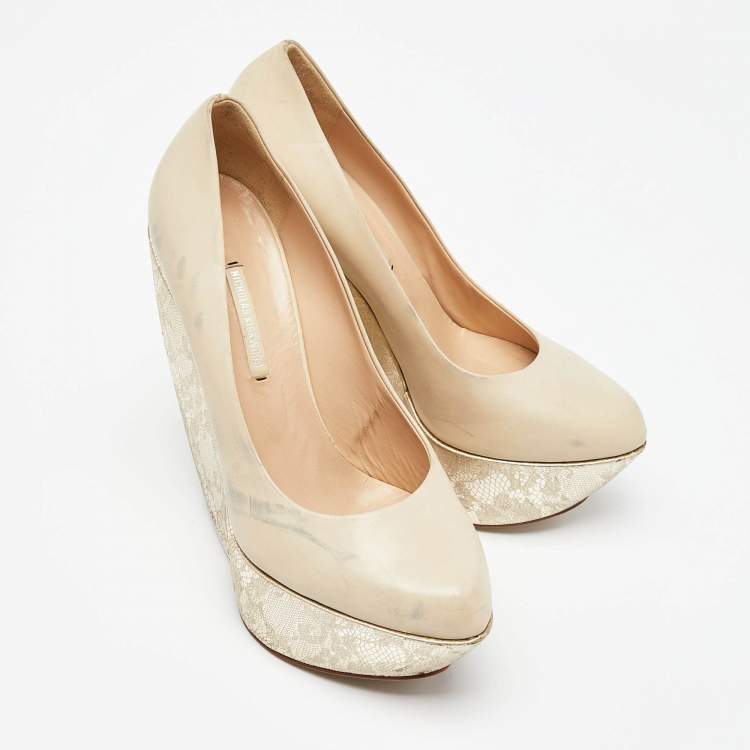 Pre Owned Nicholas Kirkwood Cream Leather Wedge Platform Pumps Size 39