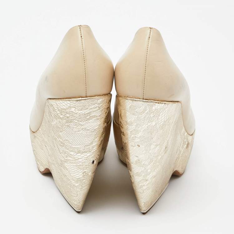 Pre Owned Nicholas Kirkwood Cream Leather Wedge Platform Pumps Size 39