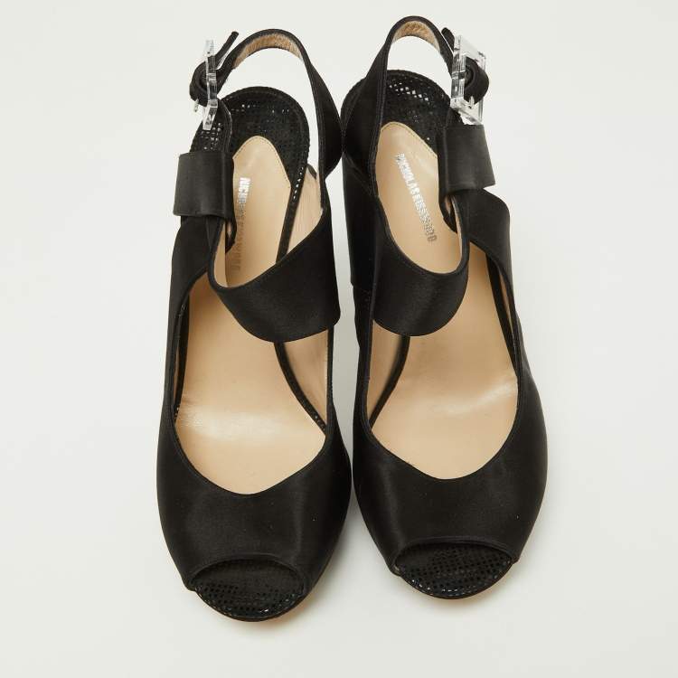 Pre Owned Nicholas Kirkwood Black Satin Platform Peep Toe Ankle Strap Sandals Size 38.5