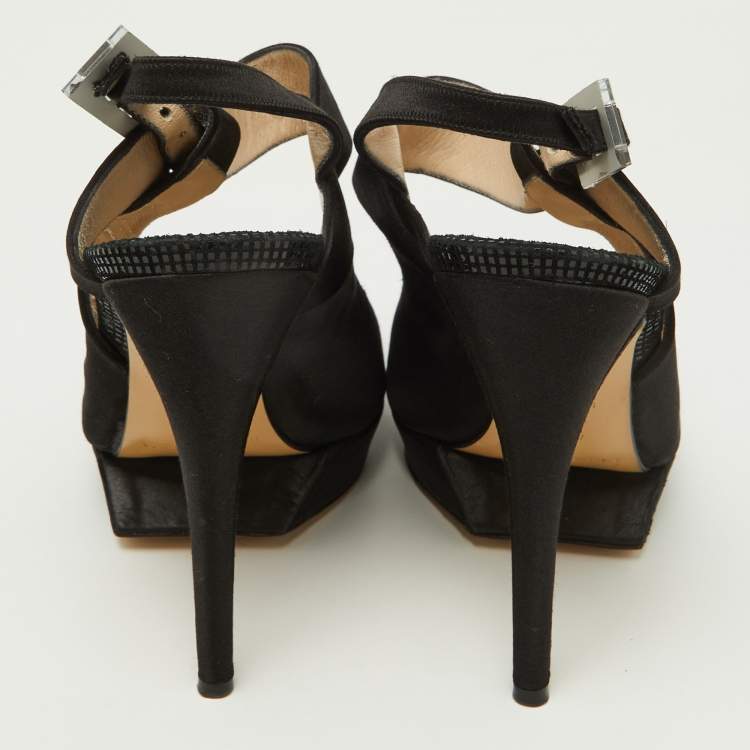 Pre Owned Nicholas Kirkwood Black Satin Platform Peep Toe Ankle Strap Sandals Size 38.5