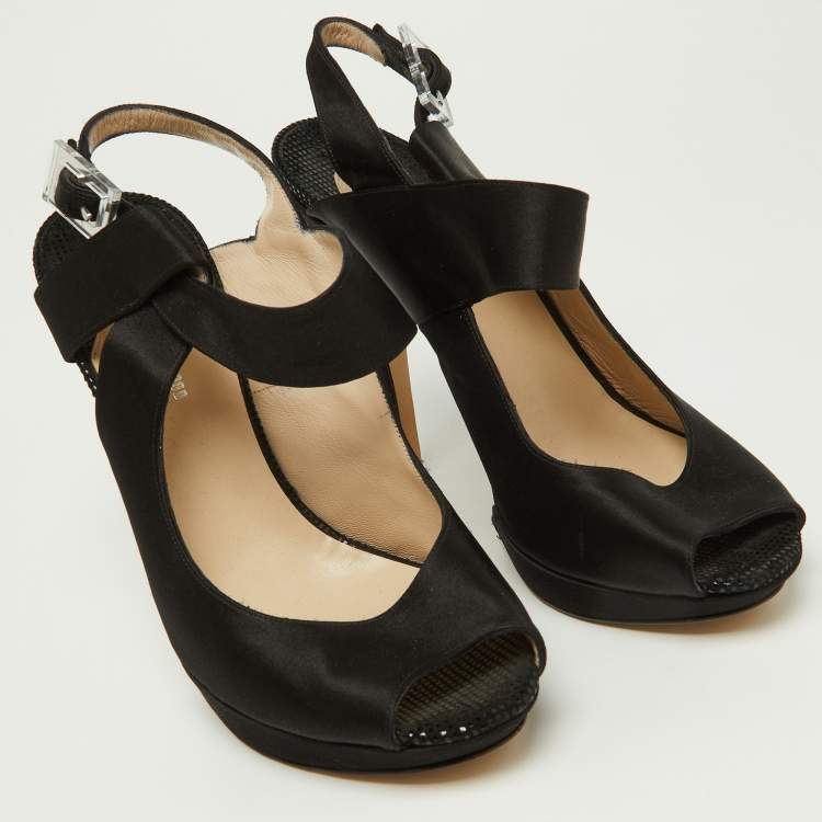 Pre Owned Nicholas Kirkwood Black Satin Platform Peep Toe Ankle Strap Sandals Size 38.5