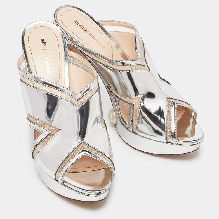 Pre Owned Nicholas Kirkwood Silver Leather and Mesh Pearl Embellished Platform Block Heel Slide Sandals Size 40