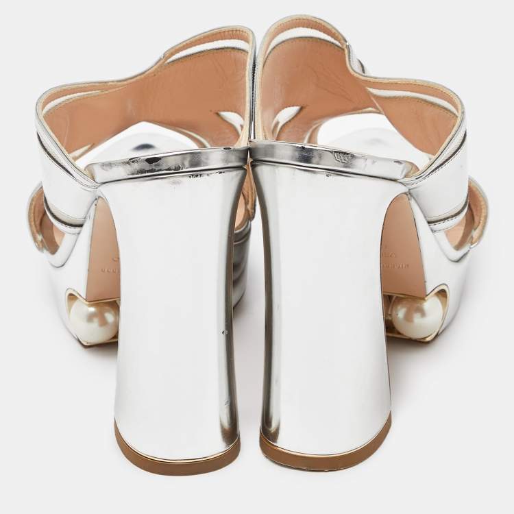 Pre Owned Nicholas Kirkwood Silver Leather and Mesh Pearl Embellished Platform Block Heel Slide Sandals Size 40