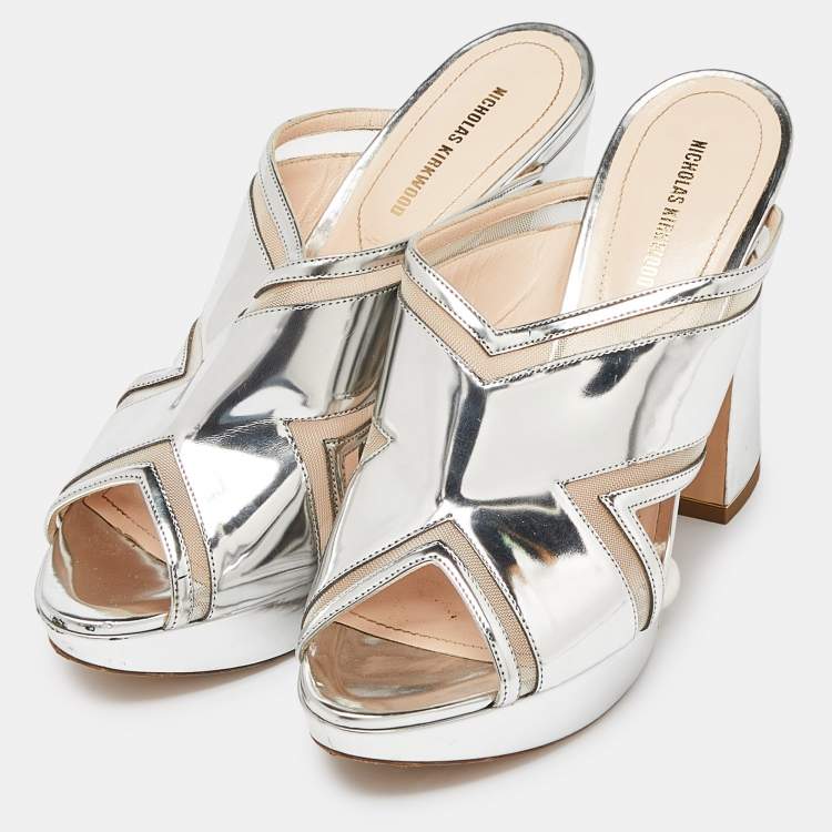 Pre Owned Nicholas Kirkwood Silver Leather and Mesh Pearl Embellished Platform Block Heel Slide Sandals Size 40