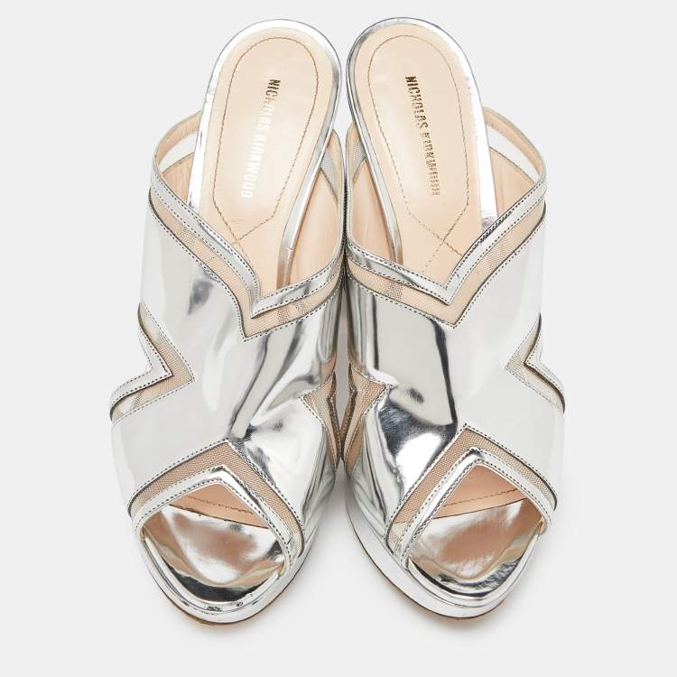 Pre Owned Nicholas Kirkwood Silver Leather and Mesh Pearl Embellished Platform Block Heel Slide Sandals Size 40