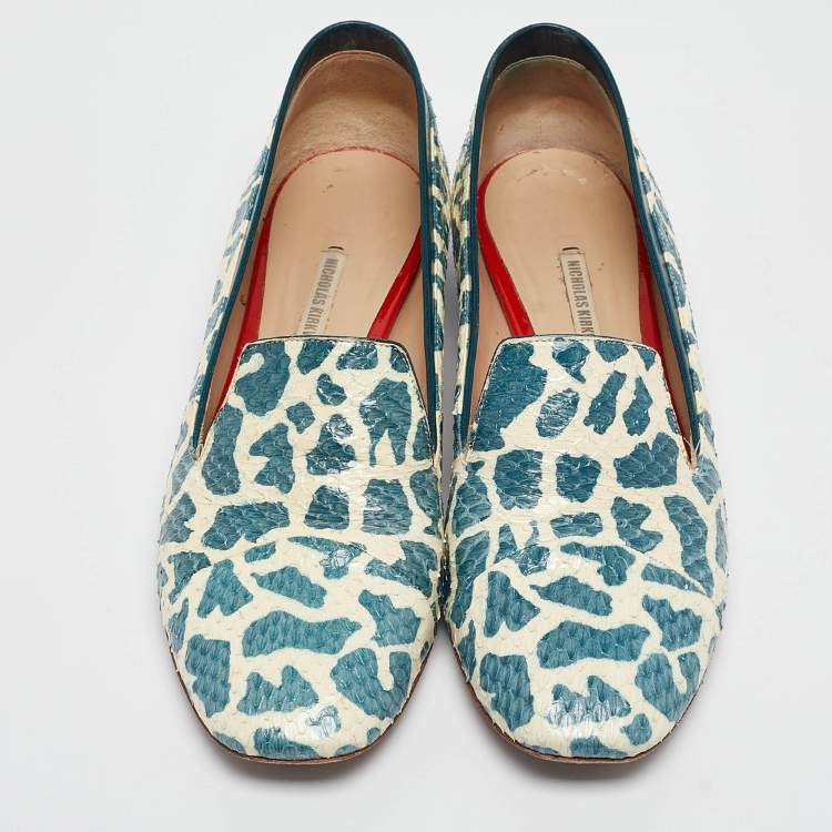 Pre Owned Nicholas Kirkwood Green/Cream Python Smoking Slipper Size 37 