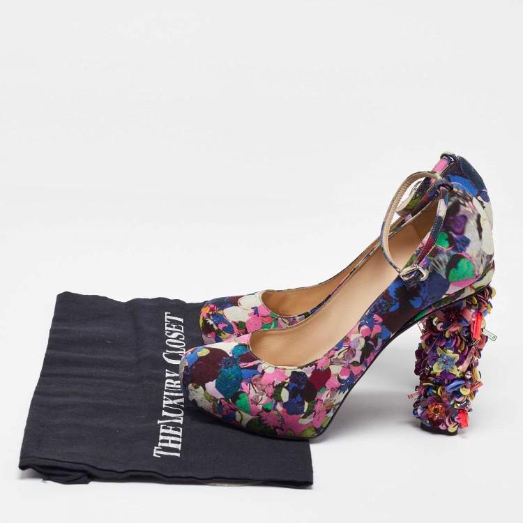 Pre Owned Nicholas Kirkwood Multicolor Printed Fabric Embellished Heel Ankle Strap Pumps Size 40