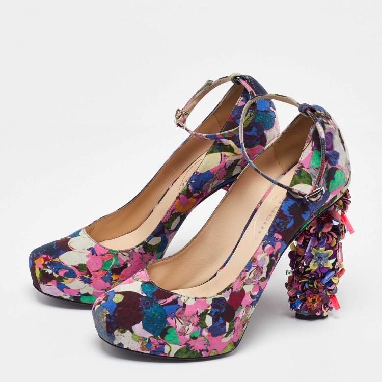 Pre Owned Nicholas Kirkwood Multicolor Printed Fabric Embellished Heel Ankle Strap Pumps Size 40
