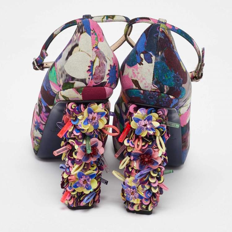 Pre Owned Nicholas Kirkwood Multicolor Printed Fabric Embellished Heel Ankle Strap Pumps Size 40