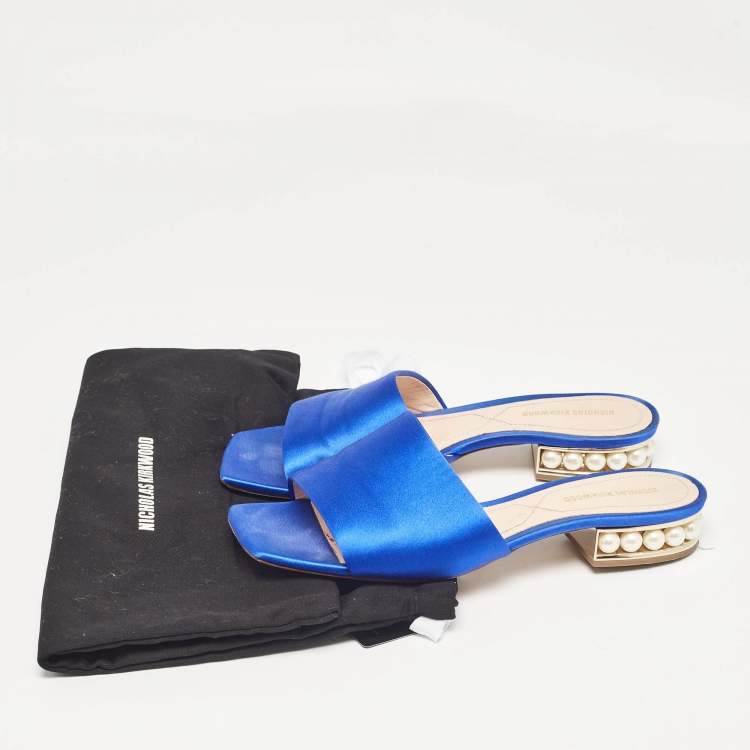 Pre Owned Nicholas Kirkwood Blue Satin Crystal Embellished Slides Size 38
