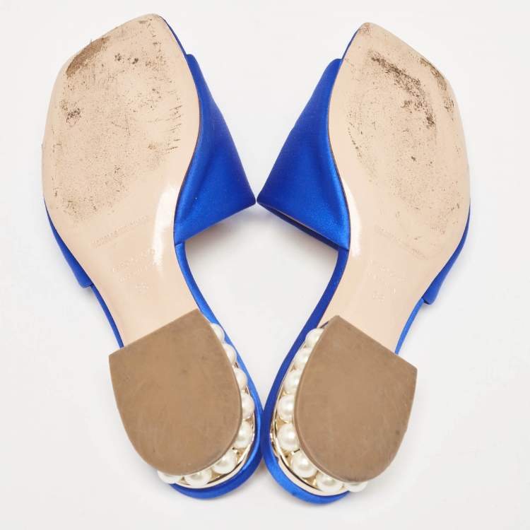 Pre Owned Nicholas Kirkwood Blue Satin Crystal Embellished Slides Size 38