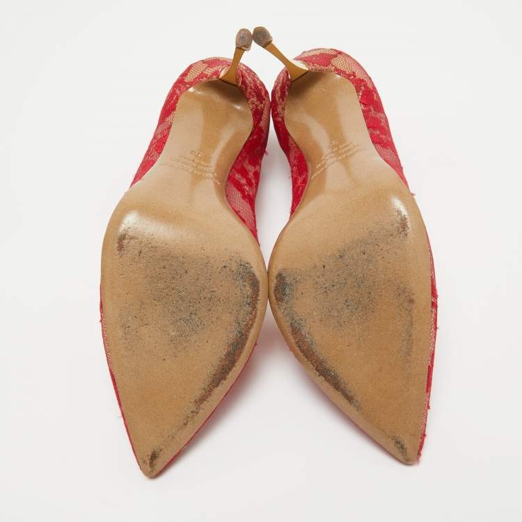 Pre Owned Nicholas Kirkwood Red Floral Lace Pointed Toe Pumps Size 38