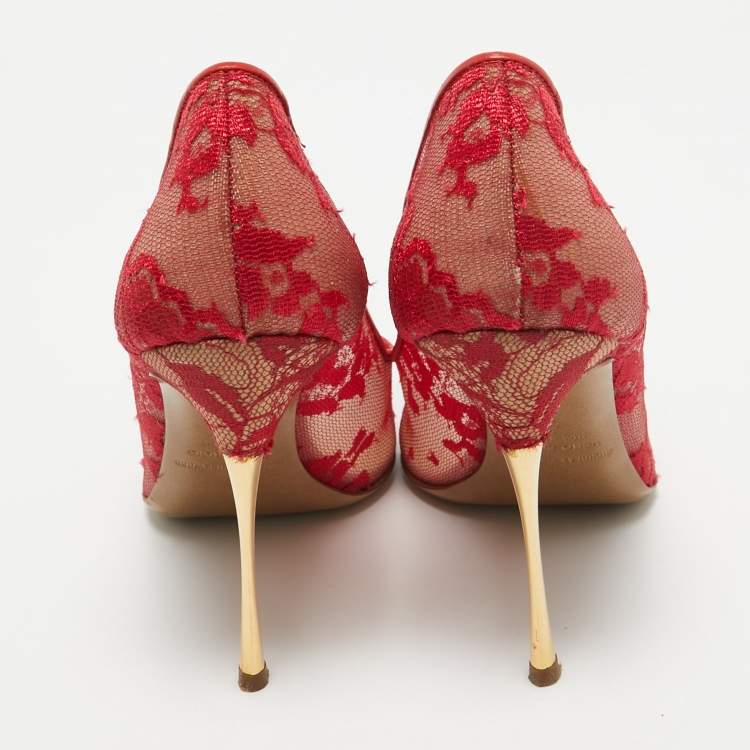 Pre Owned Nicholas Kirkwood Red Floral Lace Pointed Toe Pumps Size 38