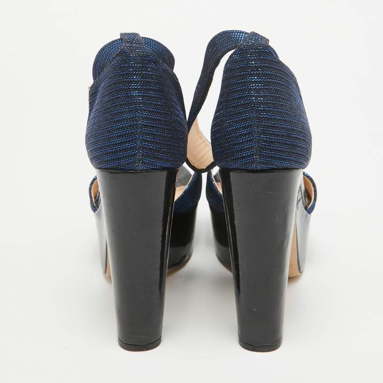 Pre Owned Nicholas Kirkwood Blue/Black Lurex Fabric and Patent Maya Sandals Size 38