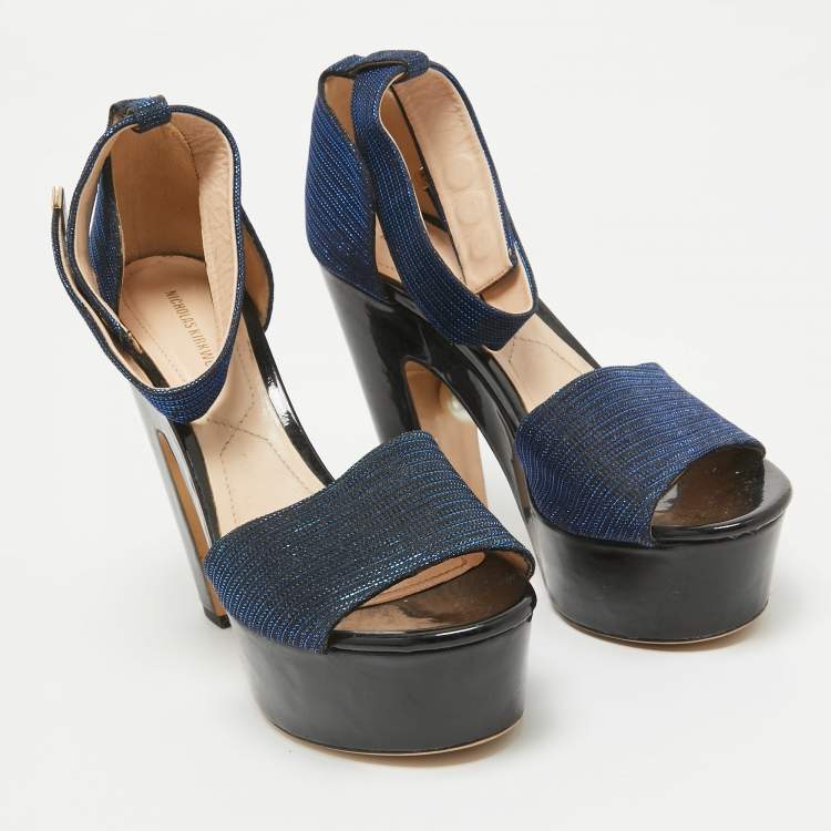 Pre Owned Nicholas Kirkwood Blue/Black Lurex Fabric and Patent Maya Sandals Size 38