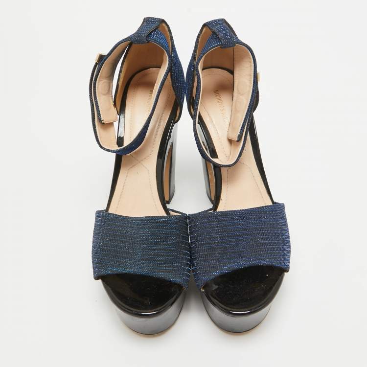 Pre Owned Nicholas Kirkwood Blue/Black Lurex Fabric and Patent Maya Sandals Size 38