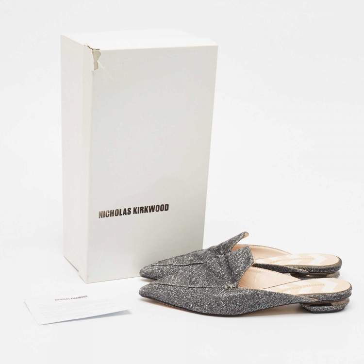 Pre Owned Nicholas Kirkwood Grey Glitter Fabric Flat Mules Size 39.5