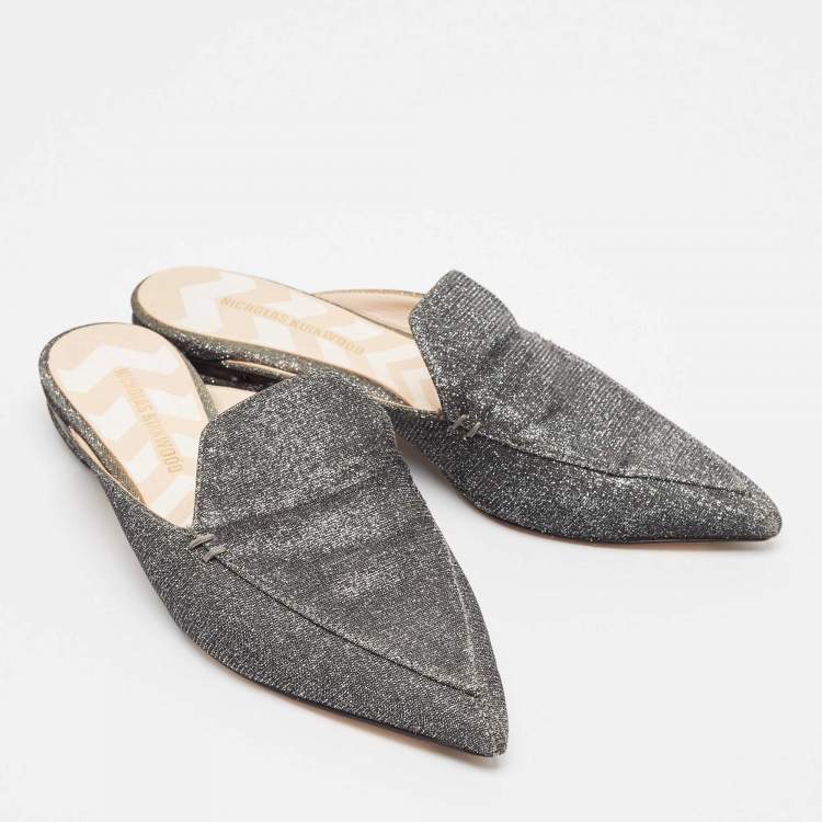 Pre Owned Nicholas Kirkwood Grey Glitter Fabric Flat Mules Size 39.5