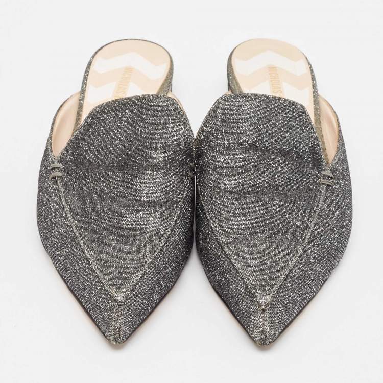 Pre Owned Nicholas Kirkwood Grey Glitter Fabric Flat Mules Size 39.5