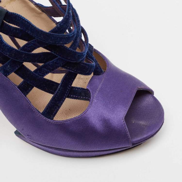 Pre Owned Nicholas Kirkwood Purple/Black Satin and Velvet Ankle Strap Sandals Size 38