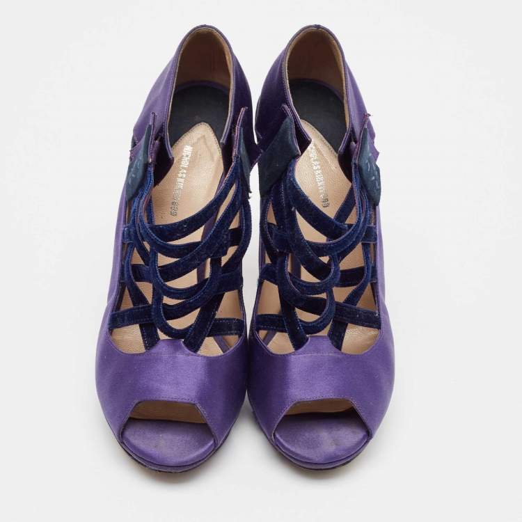 Pre Owned Nicholas Kirkwood Purple/Black Satin and Velvet Ankle Strap Sandals Size 38