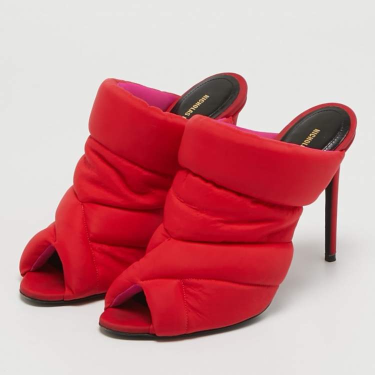 Pre Owned Nicholas Kirkwood Red Nylon Puffer Open Toe Mules Size 41