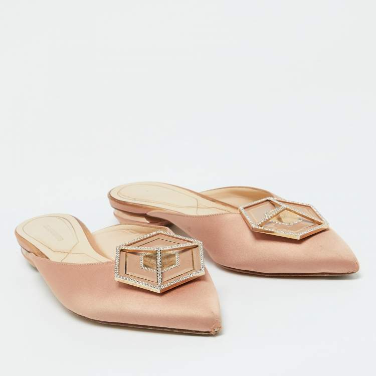 Pre Owned Nicholas Kirkwood Beige Satin Eden Crystal Embellished Flat Mules Size 39