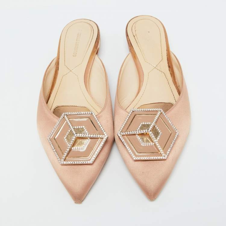 Pre Owned Nicholas Kirkwood Beige Satin Eden Crystal Embellished Flat Mules Size 39