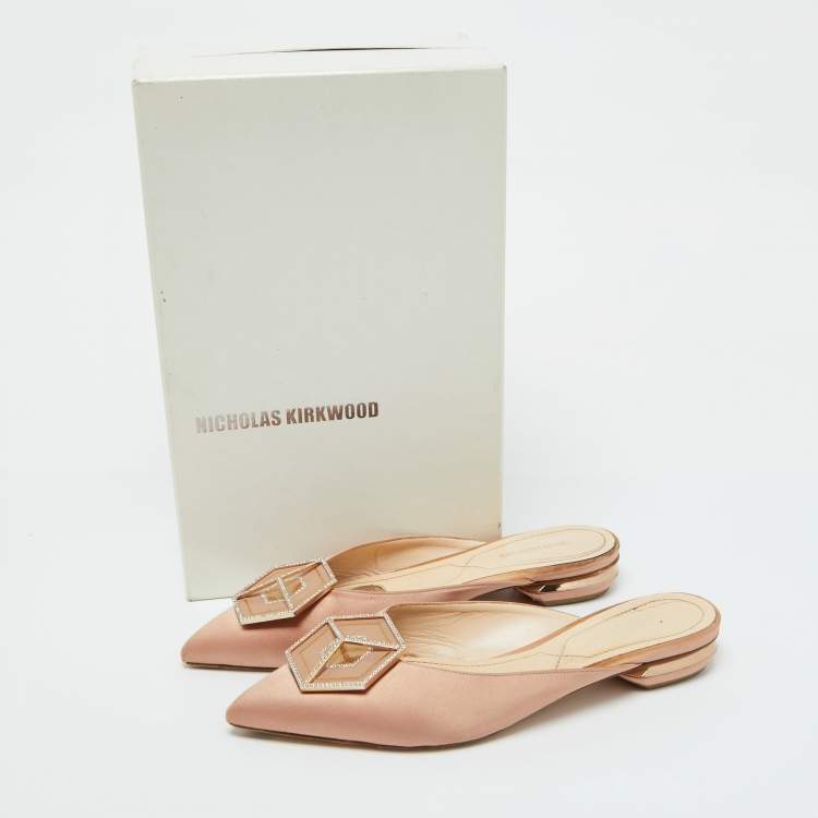 Pre Owned Nicholas Kirkwood Beige Satin Eden Crystal Embellished Flat Mules Size 39