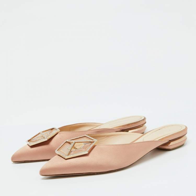 Pre Owned Nicholas Kirkwood Beige Satin Eden Crystal Embellished Flat Mules Size 39