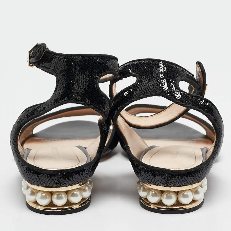 Pre Owned Nicholas Kirkwood Black Sequins Casati Slingback Flats Size 37