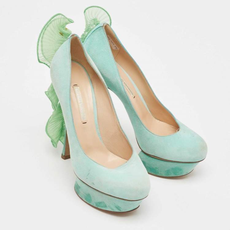 Pre Owned Nicholas Kirkwood Mint Green Suede Ruffle Trimmed Platform Pumps Size 37