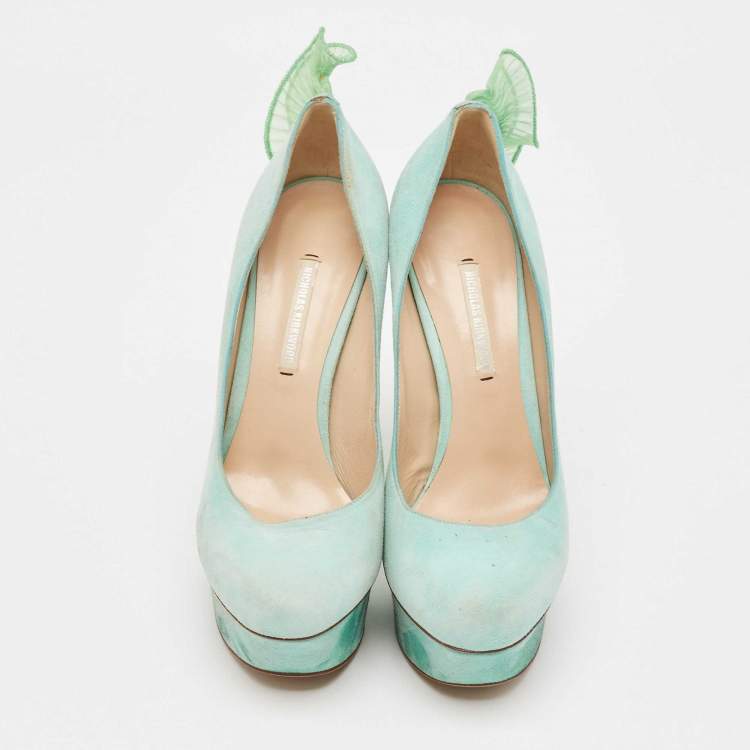 Pre Owned Nicholas Kirkwood Mint Green Suede Ruffle Trimmed Platform Pumps Size 37
