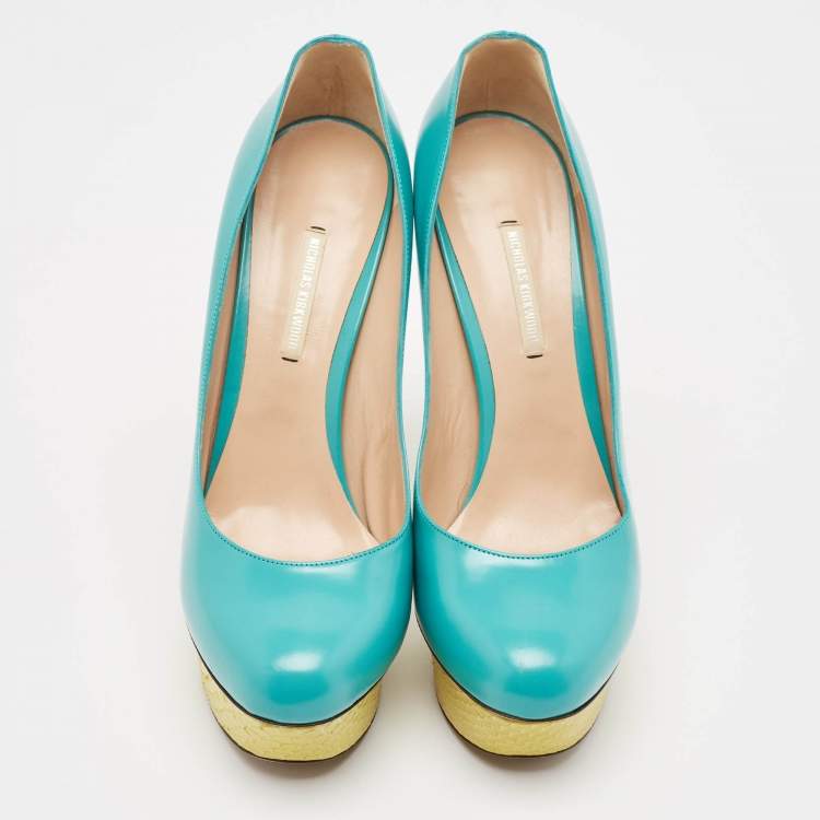 Pre Owned Nicholas Kirkwood Blue/Yellow Leather and Python Leather Platform Pumps Size 41