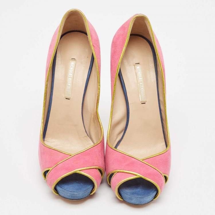 Pre Owned Nicholas Kirkwood Multicolor Suede and Leather Crisscross Peep Toe Pumps Size 37