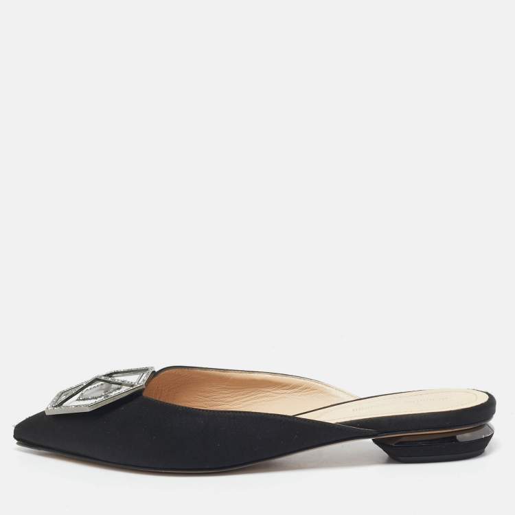 Pre Owned Nicholas Kirkwood Black Satin Eden Crystals Embellished Flat Mules Size 38